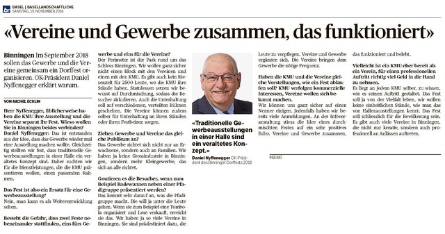 Interview mit OK-Präsident Daniel Nyffenegger in der Basellandschaftlichen Zeitung vom 19. November 2016